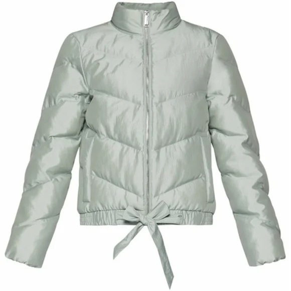 BCBG Puffer Quilted Mint Green Bomber Jacket Zip Up Bow Tie Light Weight Cozy S - Picture 2 of 10